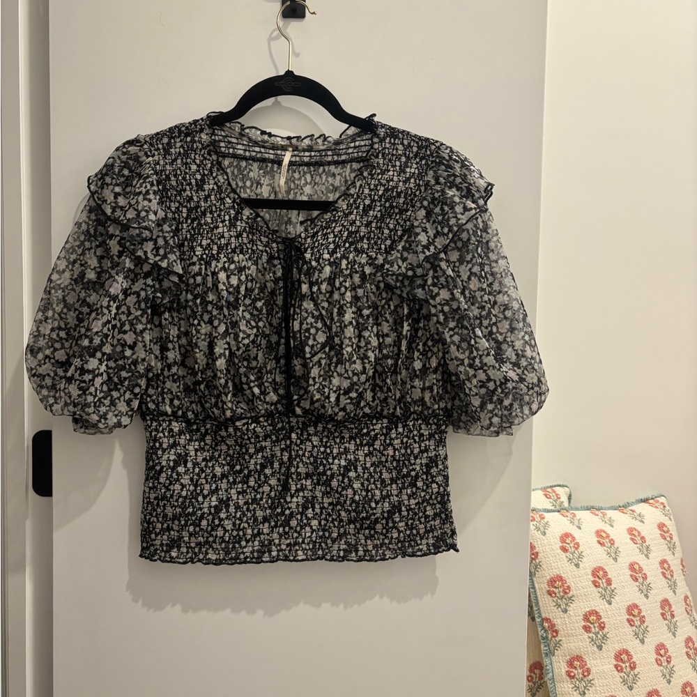 Free People Black and White Ruffle Blouse